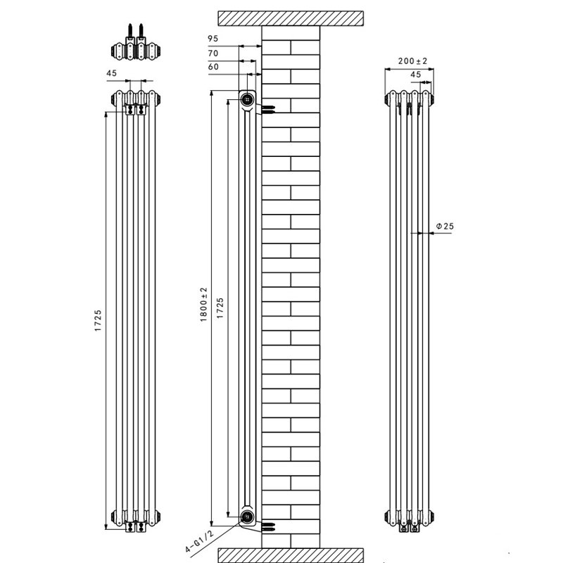 Valda Vertical Traditional 2 Column Designer Radiator, White, 180cm H x 20cm W