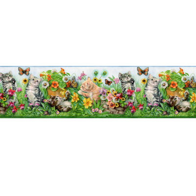 Damarieon Kitty Cats Playing in a Flower Garden Wallpaper Border 15' L x 9.2" W