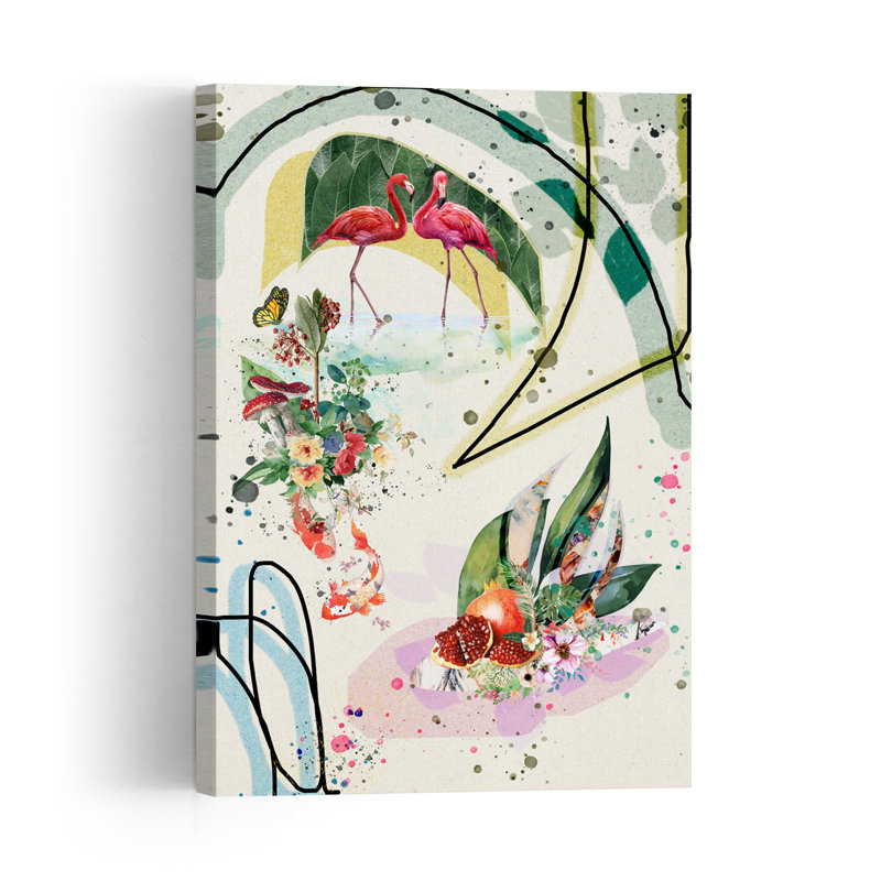 Pink Flamingos Tropical Garden Abstract Colorful Modern Butterfly Bird Fish Fruit Nature Wall Art Print 1 Piece Wrapped Canvas Wall Art