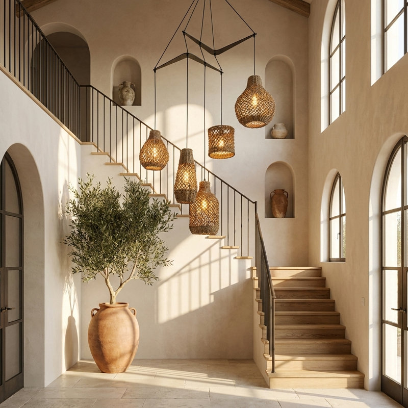 Lucien 5-Light Seagrass Pendant Light Modern Linear Chandelier With Natural Shade In Matte Black