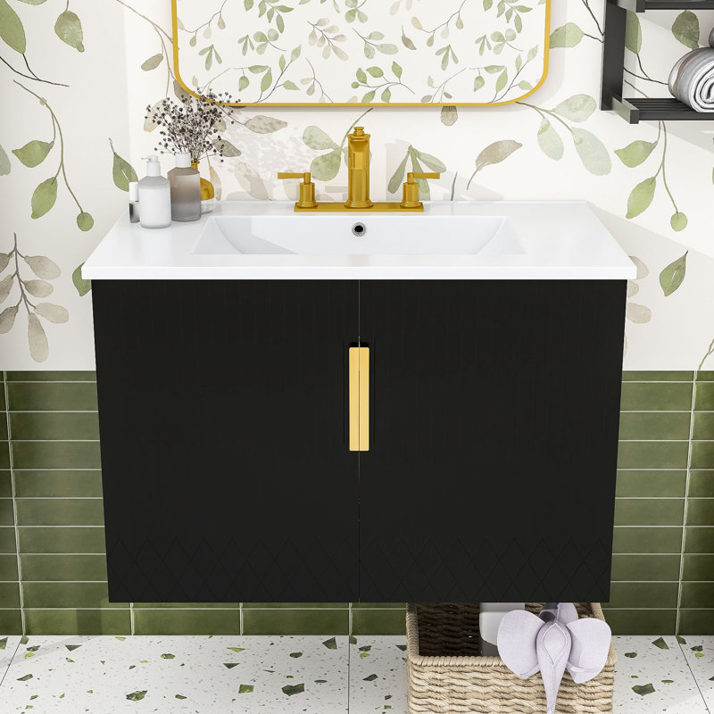 Meuble-lavabo mural moderne avec rangement réglable et lavabo, Noir / blanc