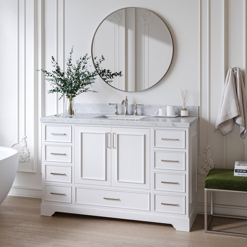 55'' Single Bathroom Vanity with Carrara Marble Top, White