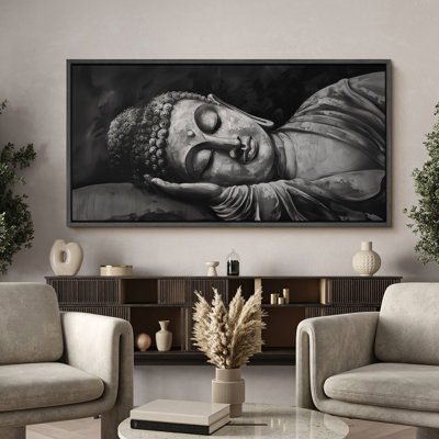 Bouddha endormi, art mural spirituel monochrome