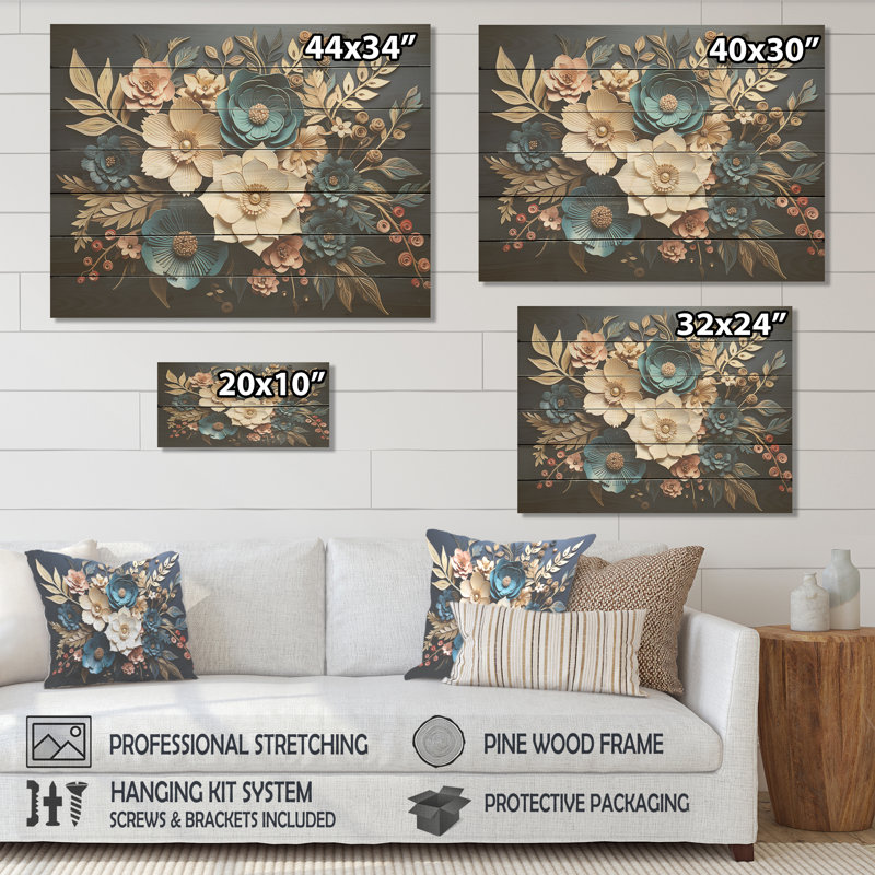 Orchidée dorée blanche et bleue - branches abstraites III - impression florale abstraite sur bois, H 34 po x l 44 po