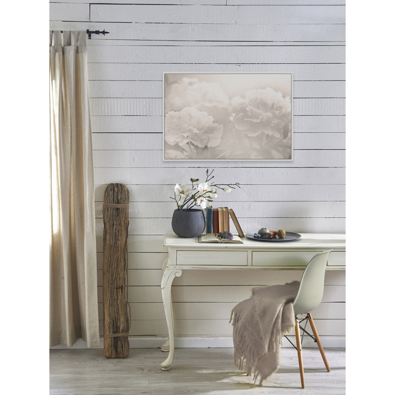 « pivoine »-impression sur l’image, H 16 po x l 24 po x P 1,5 po, Cadre flottant blanc