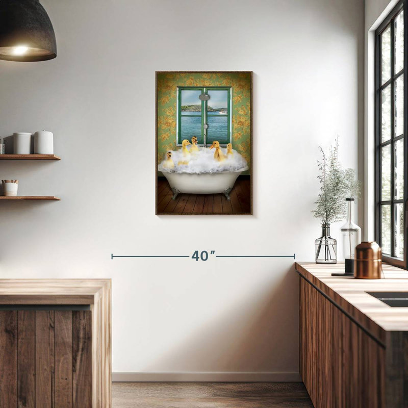 Ducks In Bath Tub, Floating Frame Walnut, 21" x 31"