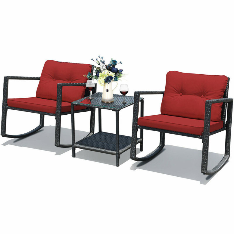 Chaise berçante d'extérieur en osier / rotin avec coussins, Rouge