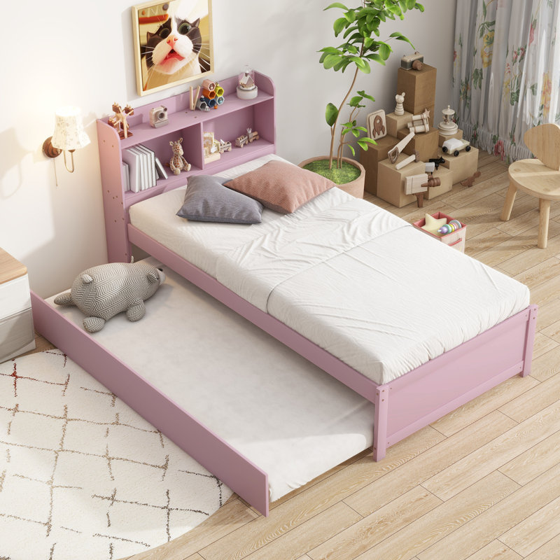 Twin Bed with Trundle and Bookcase Headboard, Pink