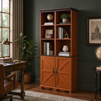 Armoire de rangement haute de style champêtre avec étagères réglables, bibliothèque en MDF imitation bois 3D avec porte coulissante de style grange