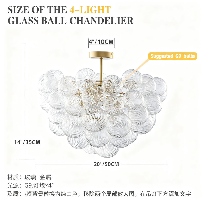 Bubble Ball Semi Flush Mount Chandelier With Hand Blown Glass Bubbles, Modern LED Ceiling Light Fixture For Bedroom, Dining Room, Living Room