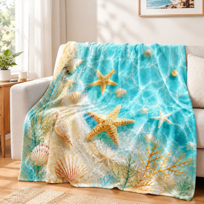 1Pcs Beach Seashell Starfish Print Flannel Blanket - Single-Sided, Vibrant Ocean Water Theme, Ultra-Soft and Cozy, Machine Washable, Ideal for Sofa Couch Bed Travel, A Perfect Gift Choice. Bedding and sofa items