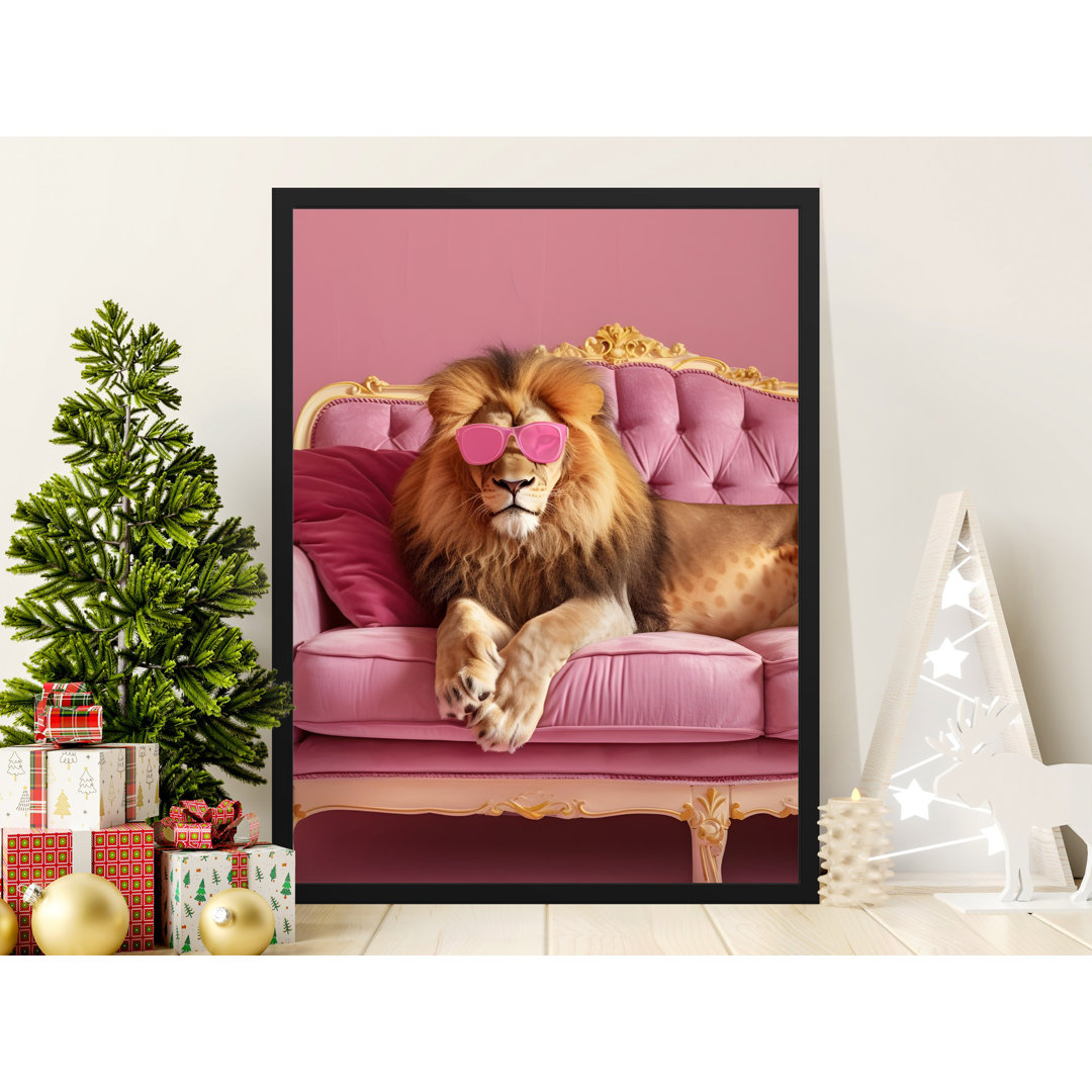 Cool Lion Art Print, Lion on Couch Poster, Sunglasses Animal, Funny Animal Wall Art, Pink Room Decor, Matte Vertical Poster, Unique Gift