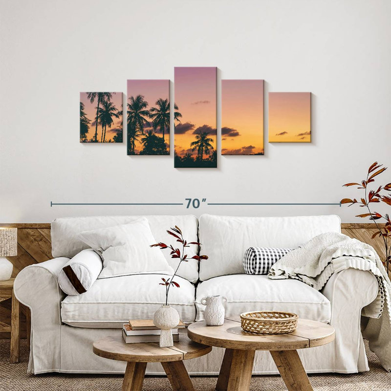 Silhouette de noix de coco au coucher du soleil, H 24 po x l 55 po