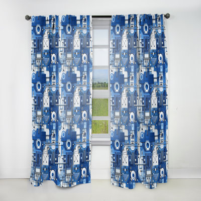 Industrial Blue Futuristic Symmetry II - Abstract Curtain - Velvet Room Darkening - 1 Panel