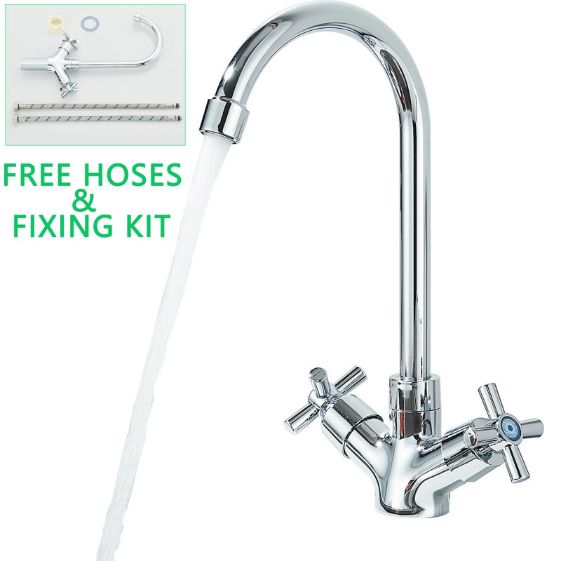 Chrome Kitchen Sink Mixer Tap with Ceramic Dual Lever Monobloc Kitchen Tap Traditional
