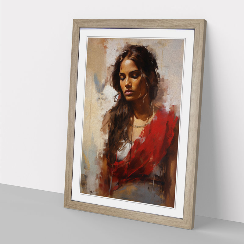 Indian Woman Gestural - Single Picture Frame Print on Wood, 46cm H x 34cm W x 2cm D, Oak Framed