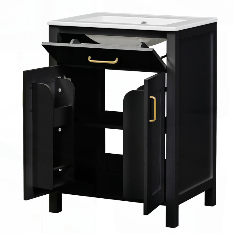 Meuble-lavabo moderne de 48 pouces avec lavabo en céramique, portes à fermeture en douceur, tiroir rabattable et tablettes à double couche, solution de rangement élégante