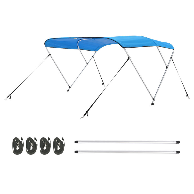 3 auvent pour bateau, 3 auvent en polyester 600D avec structure en alliage d'aluminium, auvent imperméable et à l'abri du soleil avec sac de rangement, 2 poteaux de support, 4 sangles, l 72 po (L 85 po à 90 po) x H 46 po, bleu pacifique