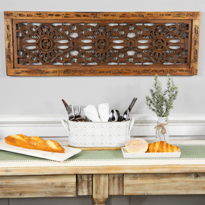 White Embossed Oval Iron Utensil Caddy with Wooden Base