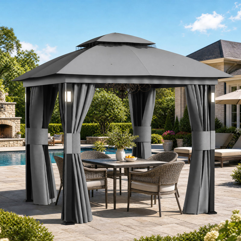 Pavillon de jardin à toit souple en acier à double toit avec éclairage DEL et haut-parleur Bluetooth, Gris, P 8 pi x l 8 pi