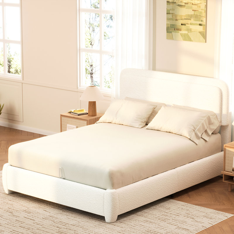 Structure de lit grand Boucle avec tête de lit à hauteur réglable, lit plateforme moderne avec tête de lit courbée, lit plateforme élégant en tissu bas Boucle, pas de sommier nécessaire, assemblage facile, blanc