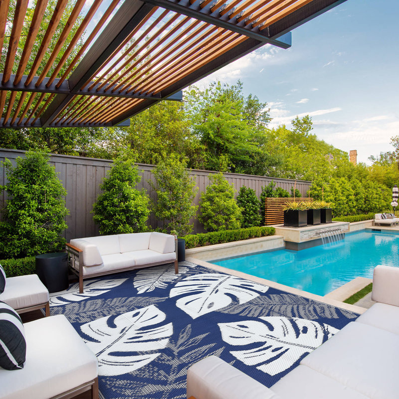 Outdoor Rug Large Plastic Straw Rug, Waterproof Woven Patio Rug, UV-Resistant Reversible Mat, Tropical Leaf Outside Carpet for Backyard, RV