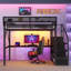 Lit mezzanine double en métal avec bureau, station de charge et escalier, idéal pour les enfants et les adolescents, conception compacte, durable et élégante-134229344-134229345