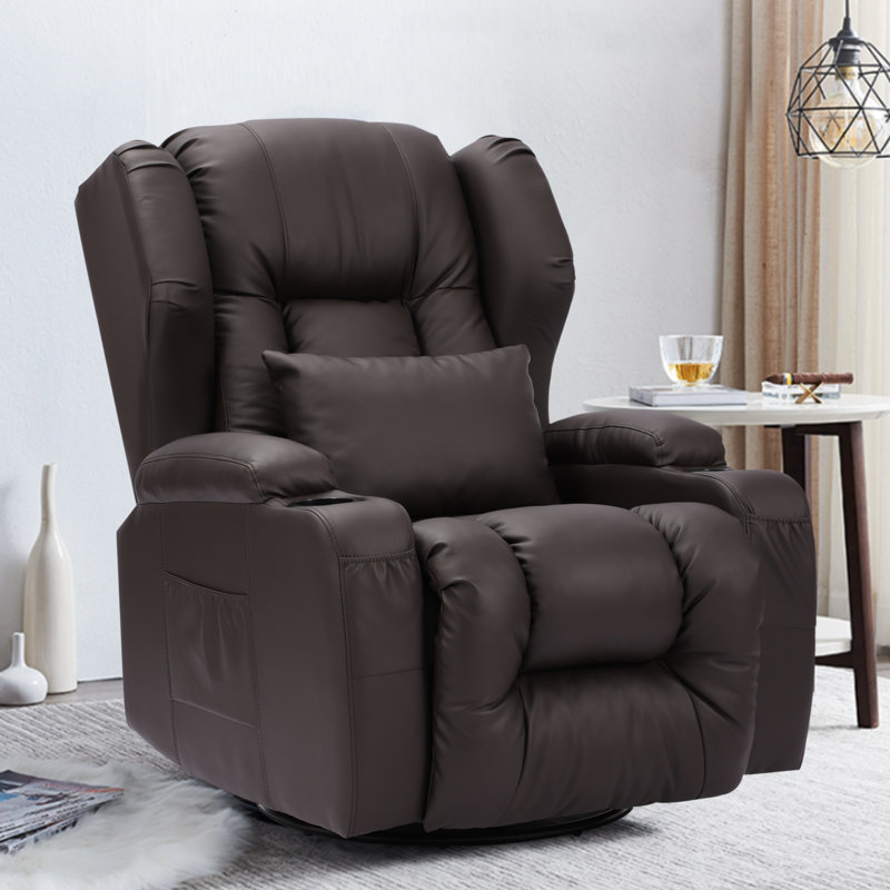 Fauteuil inclinable pivotant à bascule pour le salon avec porte-gobelets, Similicuir brun