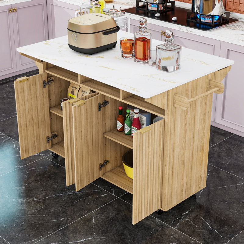 Kitchen Island Cart with 2 Drop Leaves, Power Outlet, Ample Storage and Spice Rack, White/Natural
