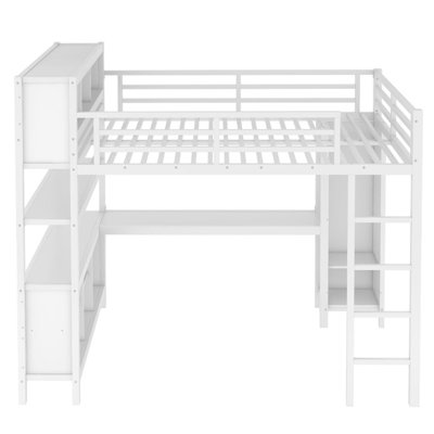 Metal Loft Bed with Wardrobe And L-shaped Desk, Queen Size Loft Bed with Storage Cubes and Shelves, Heavy Duty Loft Bed for Kids Teens Adults