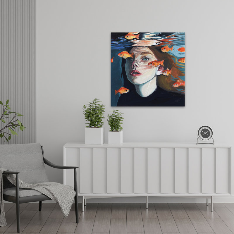 Nager avec les poissons, art contemporain, H 24 po x l 24 po
