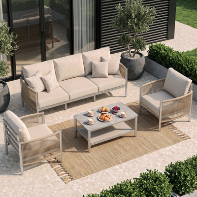 Canapé de patio 3 places en aluminium de 188 cm (74 po) avec coussins haute densité de 15 cm (6 po) d'épaisseur et tissu oléfine résistant aux intempéries