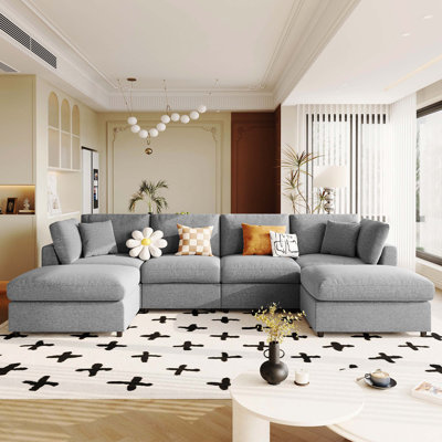 Grand canapé modulaire en chenille modulaire de 128 po en forme de U avec 2 repose-pieds mobiles, sièges spacieux pour le salon et le cinéma maison
