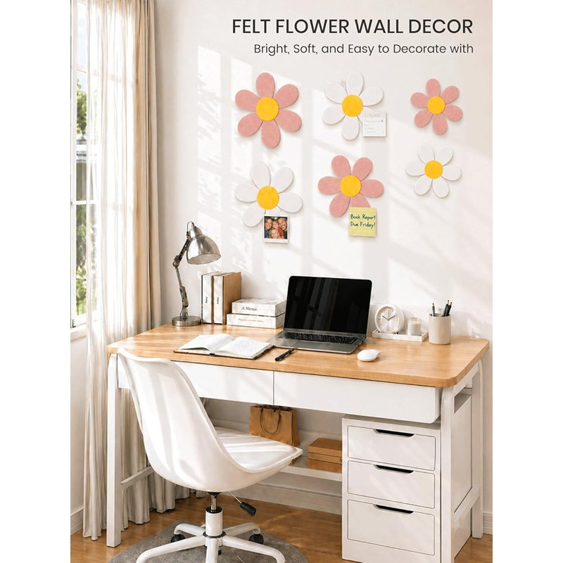 6 pièces de décoration murale en feutre de marguerite - babillard rose et blanc pour chambre de bébé, chambre de fille, chambre à coucher et espace pour enfants