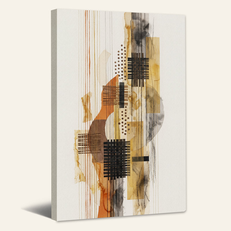 Toile abstraite, formes géométriques abstraites et lignes verticales en toile ocre et brune, H 18 po x l 12 po