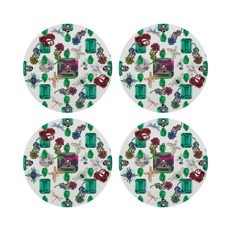 Jewel Box Emeralds Black Vegan Leather Round Coasters, White