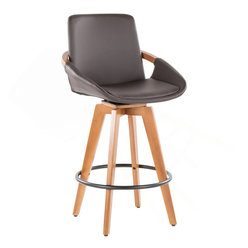 Tabouret de comptoir à hauteur fixe avec pivot en bambou noyer et similicuir brun avec repose-pieds rond en métal noir