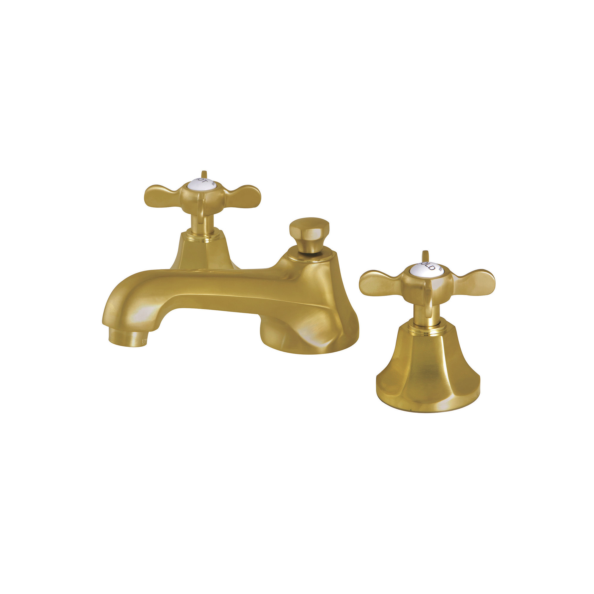 Kingston Brass Essex Two-Handle 3-Hole Deck Mount Widespread Bathroom Faucet with Brass Pop-Up Drain, Brushed Brass