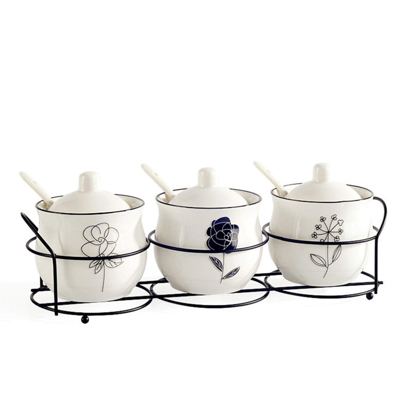 Ceramic Spice & Sugar Jars, With Lids Spoons And Shelf,Porcelain Condiment Kitchen Jar Spice Container Set, 230 ML,3 Pcs