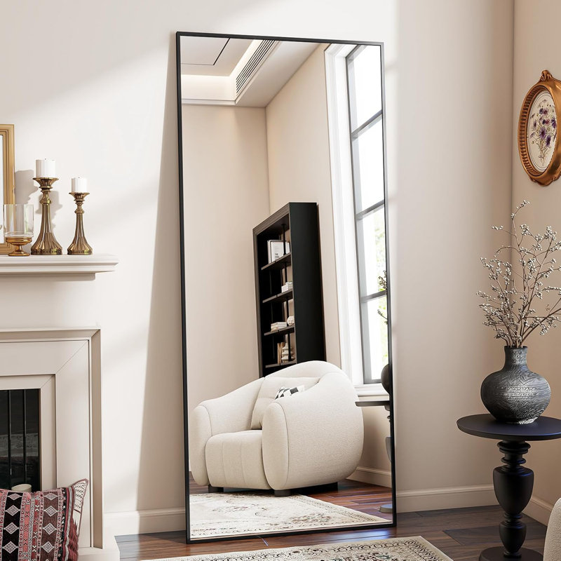 71" x 26", can be hung vertically or against a wall, floor mirror in black