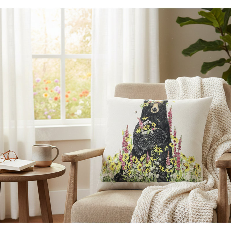 Coussin - Ours et fleurs sauvages - 18 x 18