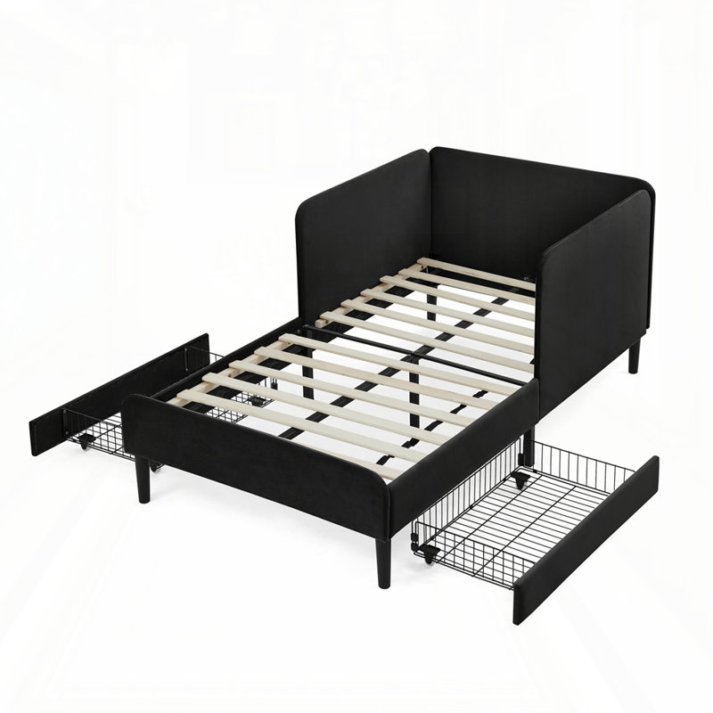 Structure de lit plateforme tapissier avec tiroirs, Lit simple, Noir