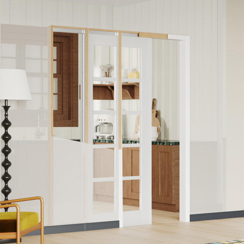Ensemble de cadre de porte à gousset pour murs à montants 2 x 4 - Système de quincaillerie coulissante à fermeture en douceur avec porte de dalle en verre transparent blanc de 10 Lite incluse