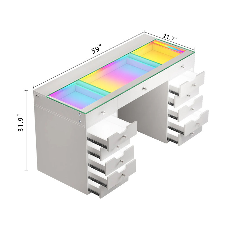 Makeup Vanity Set with LED Lighted Mirror HD Glass Top Built-in LED Light Strips Large 13 Drawers
