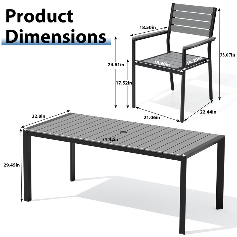 6 - Person 71‘’ L  Aluminum Patio Dining Set With Stackable Chairs And Umbrella Hole, Dark Gray