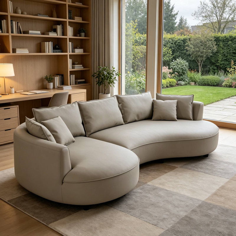 Canapé modulaire en cuir courbé de 128 po avec méridienne et 7 coussins, Orienté à gauche (vu de face), Similicuir gris