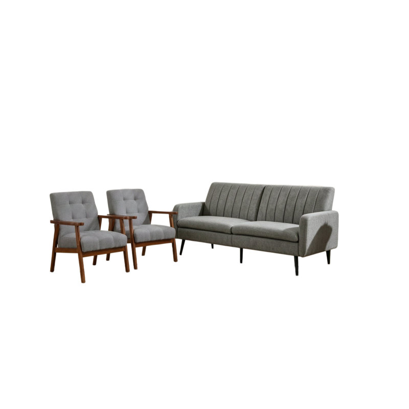 Modern Upholstered Living Room Set With Wooden Armrests & Convertible Backrest, Light Grey, 3 Pcs: Sofa, 2 Chairs