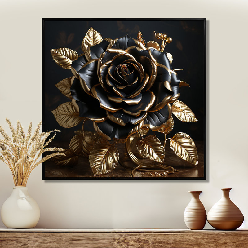 Décoration murale noire rose doré doré et feuilles dorées - rose, H 36 po x l 36 po x P 1,5 po