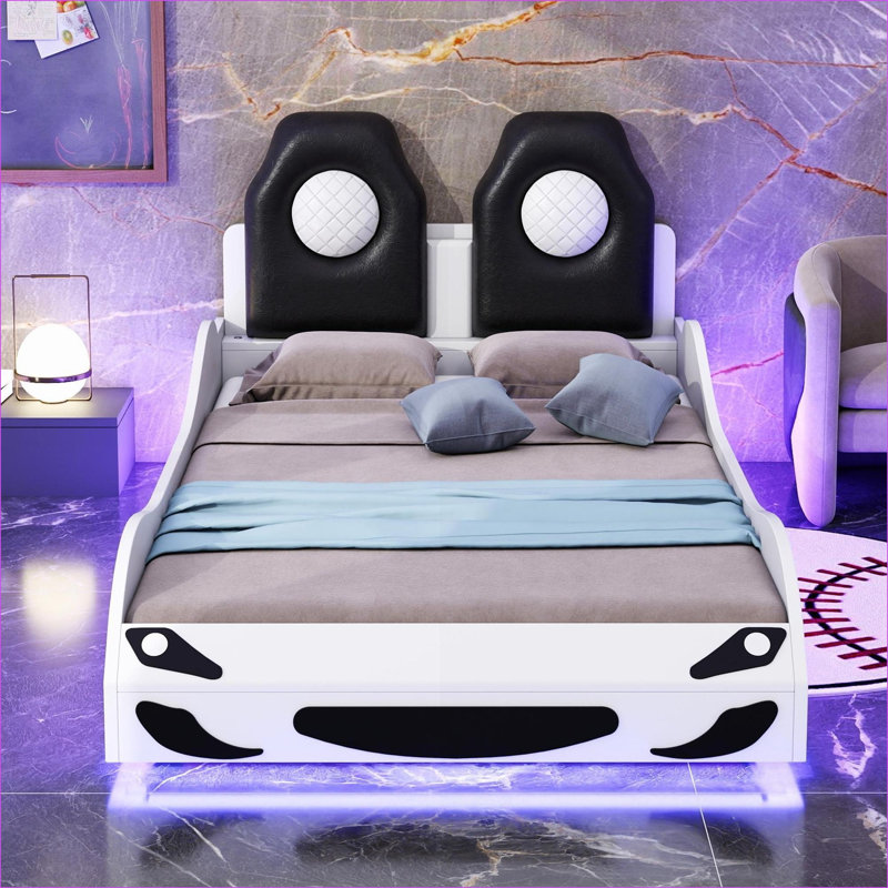 Twin Size Solid Wood Platform Bed, Race Car Shaped With LED, No Box Spring Needed, Upholstered Backrest White for Bedroom