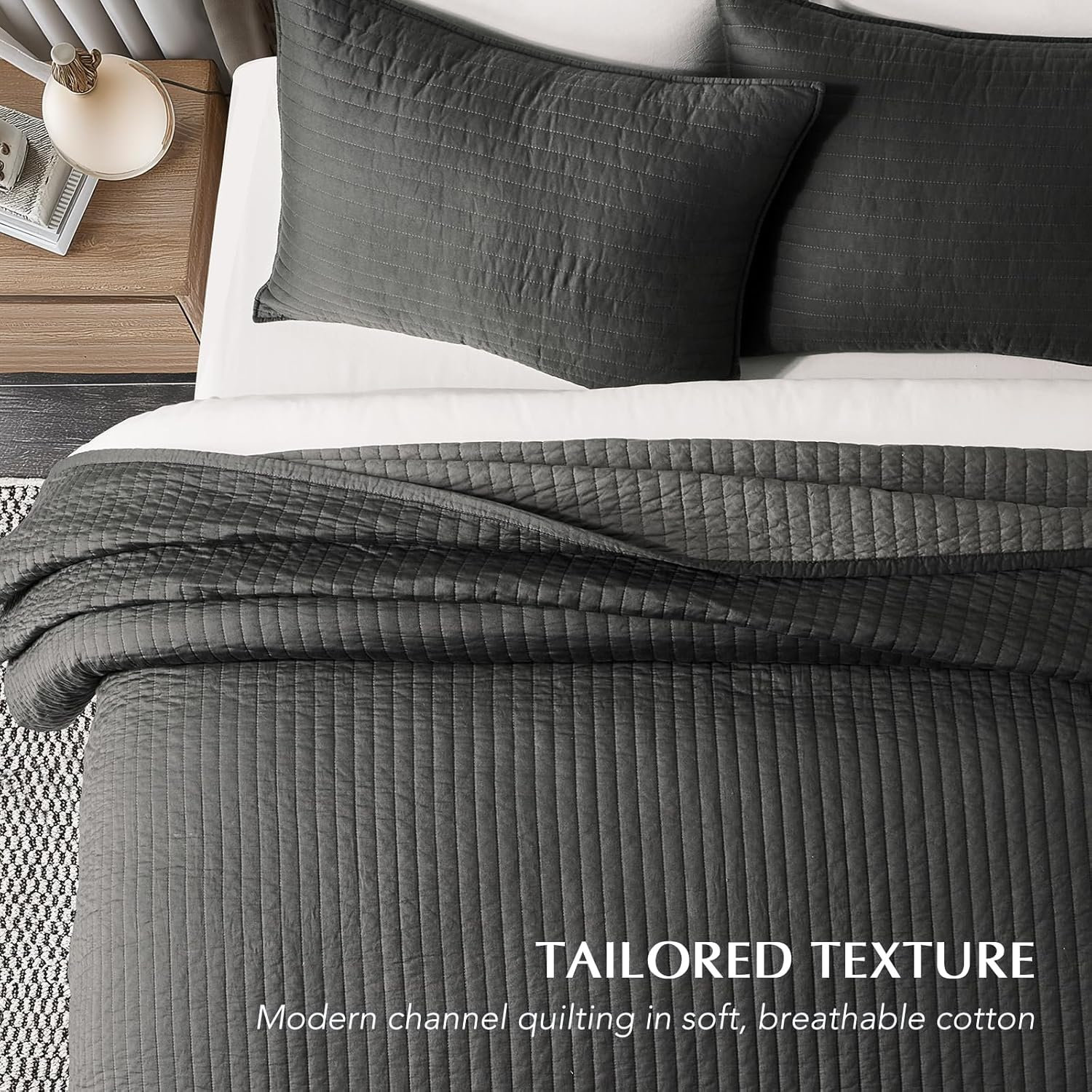 Cotton Sateen Quilt Set, King Quilt + 2 King Shams, Washed Black